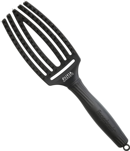 Perie de păr descurcătoare Olivia Garden Fingerbrush Care Iconic - Medie - Neagră - cu peri de mistreț și nailon pentru strălucire maximă și coafare netedă