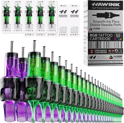 HAWINK Kit ace de tatuaj 50PCS cartușe profesionale pentru mașină de tatuat #10 Bugpin rotund Liner/Shader/Magnum 3RL 5RL 7RL 3RS 5RS 7RM 9RM 11RM 13RM 15RM diametru ac 0.30mm EN20-FG-50KIT-N