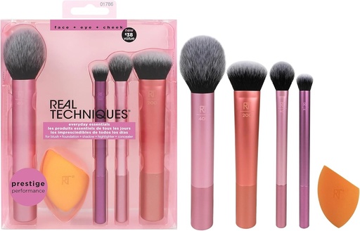 Trusă de machiaj Real Techniques Everyday Essentials + burete de machiaj, pensule de machiaj și burete pentru blender, pentru fond de ten, blush, bronzer, fard de pleoape și pudră, peri sintetici, fără cruzime, set de 5 piese