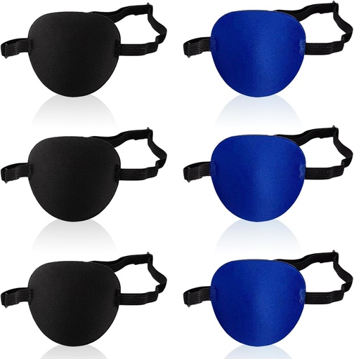 Pachet de 6 plasturi pentru ochi, plasturi reglabili pentru ochi, plasture pentru ochi de pirat, design cu caneluri 3D pentru scut ocular pentru ochi stângi sau drept, adulți și copii, ochi leneș, ambliopie, strabism (negru, albastru)