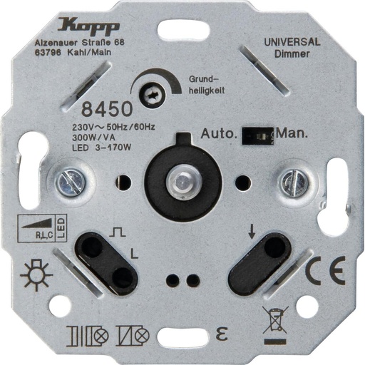 Soclu variator universal Kopp cu buton, pentru LED, pornire și oprire fazată pentru LED 3-170 wați, becuri incandescente 10-250 W, becuri halogen 230V și halogen de joasă tensiune 845000186