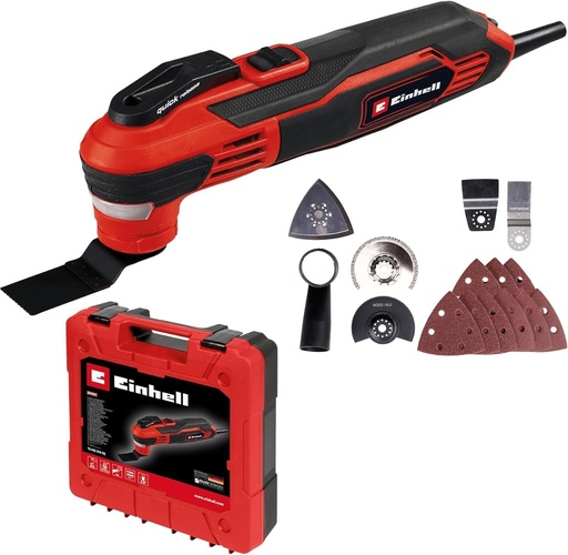 Unealtă multifuncțională oscilantă Einhell 350W - Unealtă electrică de 40.000 RPM cu LED și blocare cu eliberare rapidă pentru tăiere, tăiere, șlefuire, îndepărtarea rosturilor - Unealtă multifuncțională TE-MG 350 EQ cu accesorii și cutie