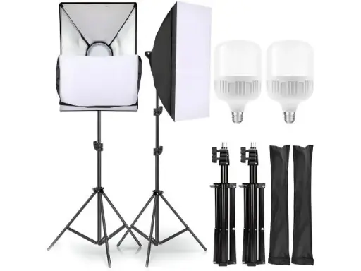 [E230] Set de iluminare foto cu 2 lămpi cu halogen de 800 W, softboxuri 50 x 70 cm și stative