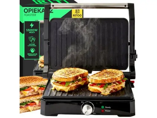Grill de contact, grill de masă 1500 W, grill electric, aparat pentru sandwish, grill panini, aparat pentru sandvișuri, deschis la 180°