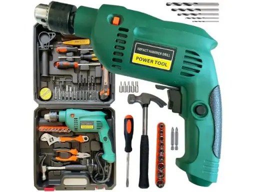 [O219] Mașină de găurit cu percuție 550 W, set cu 37 de piese în valiză, burghie și biți