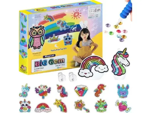 Set de pictură cu diamante, tablouri pentru diamond painting, 12 autocolante, 2 cârlige pentru ventuze, tavă, ceară, creion pentru așezarea diamantelor