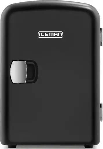 Chefman – Iceman: Mini-frigider portabil negru, compact și ușor (capacitate de 4 litri), ideal pentru deplasări; răcește sau încălzește și oferă spațiu de depozitare pentru produse de îngrijire a pielii, gustări sau șase doze de băutură (de aprox. 355 ml).