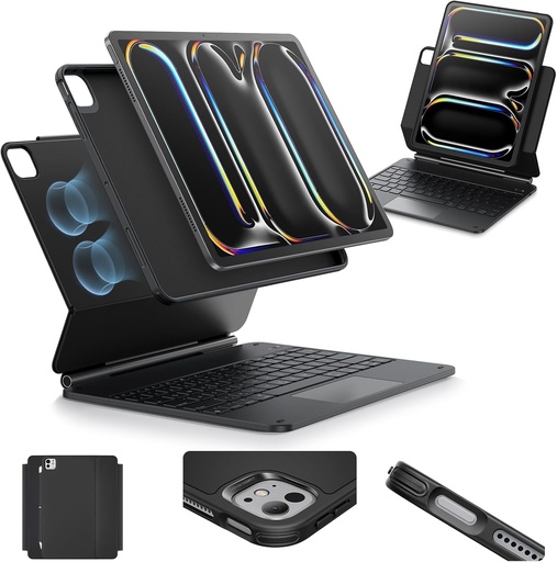 Husă cu tastatură ESR pentru iPad Pro 13 inchi (M4, 2024) cu suport magnetic reglabil Pentru Pro 13 inchi 2025/2024, fixare magnetică, husă detașabilă, trackpad multitouch precis, layout DEU QWERTZ, negru