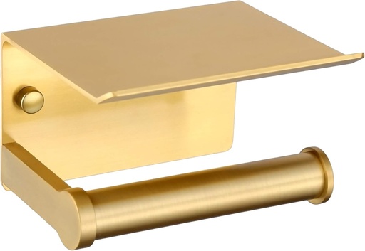 Suport pentru hârtie igienică, fără găurire, autoadeziv din aluminiu, cu raft - auriu, rezistent la rugină, montat pe perete pentru baie, toaletă - tampoane adezive puternice și șuruburi