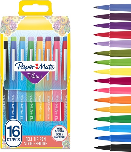 Pixuri PAPER MATE Flair metalice cu pasla - varf mediu (0,7 mm) - cerneala cu sclipici straluceste pe hartie alba - culori asortate - pachet de 12 