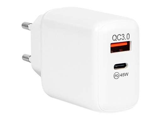 [76-029] Încărcător de priză GaN 45 W cu porturi USB și USB-C, Power Delivery și Quick Charge 3.0, compact