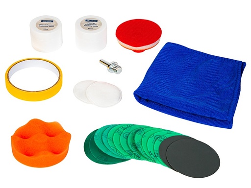 [23-283] Set recondiționare faruri auto HC-04, pastă de polish, strat protector UV, 14 discuri abrazive, adaptor M14
