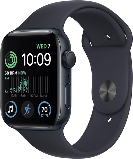 Apple Watch SE (a doua generație) (GPS, 44 mm) Smartwatch - Carcasă din aluminiu Midnight, Banda Sport Midnight - Normal. Urmărirea fitnessului și a somnului, detectarea accidentelor, monitorizarea ritmului cardiac, rezistența la apă