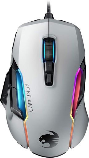 Mouse de joc Roccat Kone AIMO (de inalta precizie, senzor optic cu ochi de bufnita (100 pana la 16.000 Dpi), iluminare LED RGB AIMO, 23 de butoane programabile, proiectat in Germania, USB), alb (remasterizat)