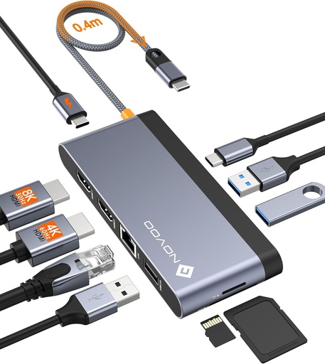 Adaptor multiport NOVOO Hub USB C 10 în 1 tip C, stație de andocare USB C cu HDMI dual 4K, Gigabit Ethernet, PD 100W, 3*USB-A&USB-C 3.0, cititor de carduri SD/TF pentru MacBook Pro/Air/Dell/HP