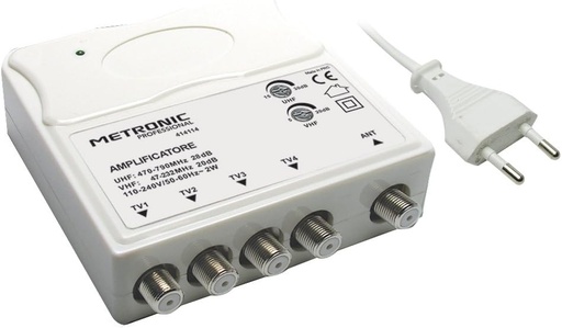 Metronic 414114 Amplificator TV VHF/UHF pentru digital terestre cu filtru LTE, VHF 20 DB și UHF 28 DB reglabil, 1 intrare/4 ieșiri, interior, alb
