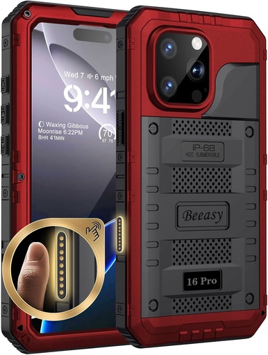 Husă Beeasy pentru iPhone 16 Pro, impermeabilă, rezistentă la apă, cu armură metalică, rezistentă la șocuri, rezistentă la praf, protector de ecran încorporat, husă robustă de protecție militară robustă pentru iPhone 16 Pro, roșu
