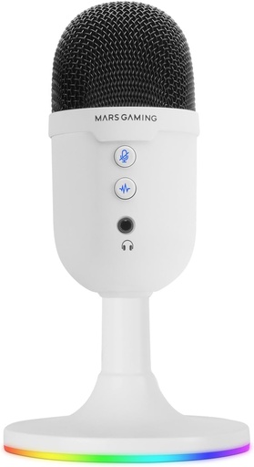 Mars Gaming MMIC-CX, microfon de studio profesional, compact ARGB, înaltă definiție 196 kHz/24 biți, anulare a zgomotului ENC, condensator cardioid, buton de mute, USB Plug & Play, mufă de 3,5 mm, alb