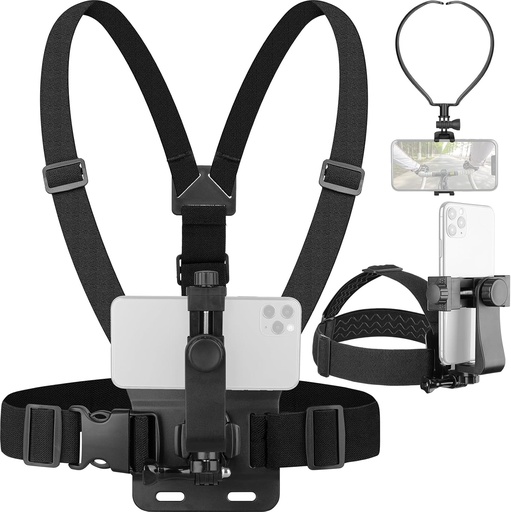 Kit de montare curea pentru telefon, Suport pentru curea pentru piept pentru telefon + Suport pentru cap pentru telefon + Suport pentru gât pentru telefon 3-în-1 Mâini libere Compatibil cu Suport pentru piept pentru camera de acțiune pentru telefonul mobil GoPro