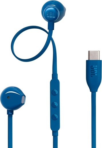 Casti intraauriculare cu fir JBL Tune 305 C Hi-Res cu microfon, cablu plat fara incurcaturi, telecomanda cu 3 butoane, EQ si control al volumului, USB-C, albastru
