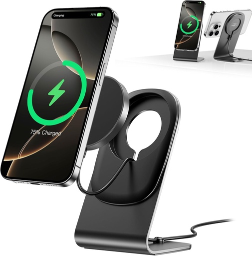 Incarcator Mag Safe BHHB Statie de incarcare Mag Safe cu suport Incarcator fara fir 15W pentru iPhone 16/15/14/13/12/Xs/X/Xr/8 Series si Air Pods 4/3/2/Pro (negru)