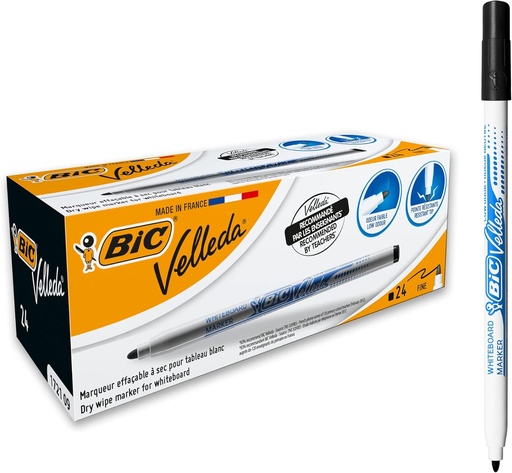 BIC Velleda 1721 - Pixuri pentru tablă albă cu ștergere uscată, vârf tip glonț fin - Markere perfecte pentru școală și birou - negru, cutie de 24
