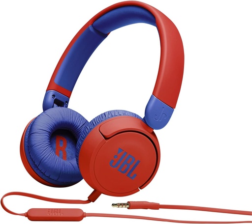 JBL JR310 – Căști cu fir cu microfon pentru copii – Ușoare, confortabile și pliabile – Cu volum limitat la 85 dB – Vine cu un set de autocolante – Roșu
