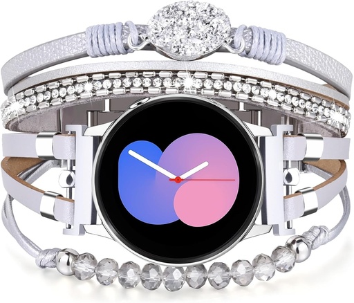 VISOOM Compatibil cu bratara Samsung Galaxy Watch 7 6 5 4, 20 mm cu margele boho femeie din piele draguta cu mai multe straturi pentru ceas 4/5/6/7 40 mm 44 mm/Classic 43 mm 47 mm 42 mm 46 mm/5 Pro 45 mm, argintiu