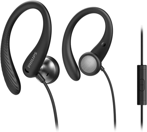Casti sport PHILIPS A1105BK/00 cu microfon, carlige flexibile pentru urechi, ventilatie pentru bas, rezistenta la transpiratie IPX2, potrivire sigura, telecomanda in linie, model 2020/2021, negru, marime unica