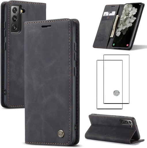 ZKGCG Compatibilă cu husa pentru telefon Samsung Galaxy S22 Plus [negru] Husă folio magnetică din piele premium Husă portofel Sloturi pentru card Husă rabatabilă+Sticlă temperată HD-2022