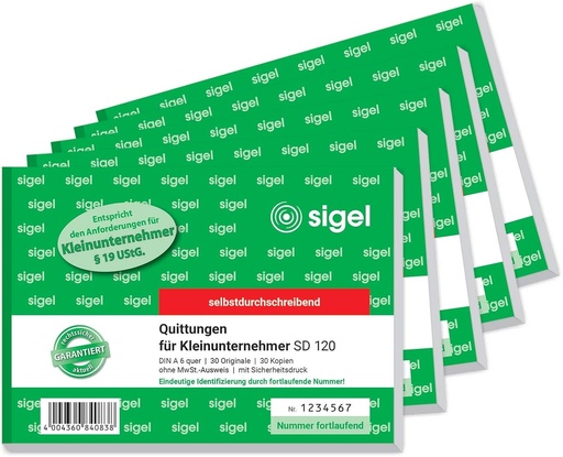 SIGEL SD120/5 Bloc de chitante pentru intreprinderi mici, numerotat consecutiv, numar unic de 7 cifre, peisaj A6, 5 bucati, 2x30 coli, fara carbon, din hartie durabila