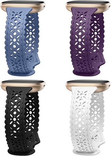 Charlam, pachet de 4 curea de schimb din dantela, compatibila pentru curea Fitbit Versa 4/ Versa 3/ Fitbit Sense/Sense 2, curea de ceas sport moale Silm Hollow-out, bratari de inlocuire pentru femei si fete
