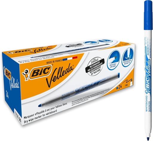 BIC Velleda 1721 - Pixuri pentru tablă albă cu ștergere uscată, vârf tip glonț fin - Markere perfecte pentru școală și birou - Albastru, cutie de 24