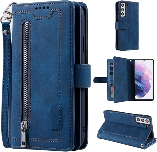 Husa UEEBAI pentru Samsung Galaxy S21 FE 5G, husa vintage cu fermoar pentru telefon Husa din piele PU cu rabat Bumper din silicon cu 9 sloturi pentru card Functie de suport Curea de transport pentru portofel Husa de protectie Husa portofel - rosu vin
