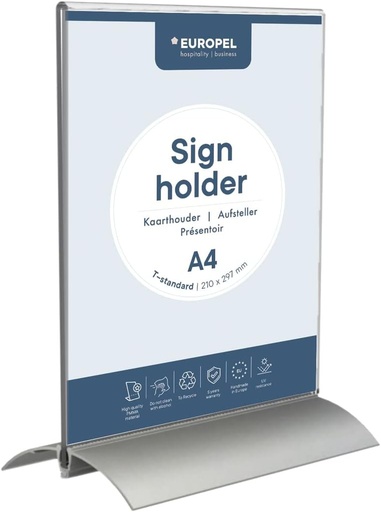 Suport de masa din acril EUROPEL A4 - Format portret DIN A4 in forma de T - Suport card pentru meniu - Suport pentru semne - Display publicitar - Alte dimensiuni disponibile
