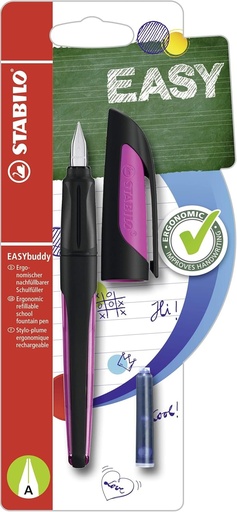 STABILO - Pix pentru scoala cu penit A pentru incepatori - EASYbuddy in negru/magenta - albastru (stersabil) - incl. cartus