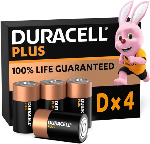 Baterii Duracell Plus D (pachet de 4) - Baterii alcaline de 1,5 V - Durata de viata suplimentara de pana la 100% - Fiabilitate pentru dispozitivele de zi cu zi - 0% plastic - Durata de valabilitate 10 ani - LR20 MN1300