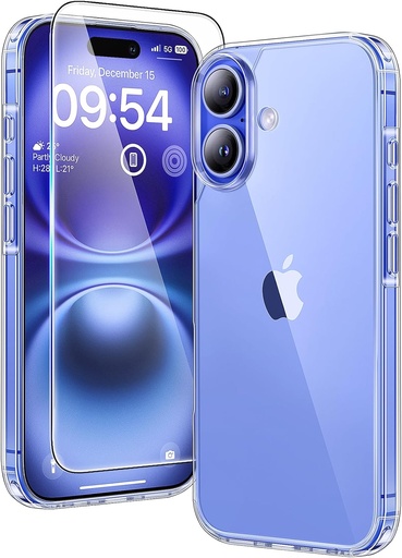 Husa TAURI 3 in 1 pentru iPhone 16 Plus, 1 carcasa [Anti-galben] + 2 folii din sticla securizata, subtire anti-soc, anti-cadere - transparenta