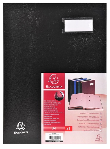 Exacompta - Ref. 24121E - 1 carte de semnaturi executive - cotor cu gusa din panza - suport eticheta - coperta laminata - 12 compartimente roz pentru carduri cu 3 perforatii - dimensiune 24x32 cm - culoare neagra
