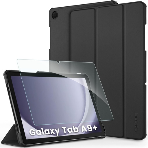Husa CACOE compatibila cu Samsung Galaxy Tab A9+ / A9 Plus 11 inch 2023, husa subtire cu sticla securizata cu functie de suport pentru SM-X210/ X215/ X216 2023, neagra