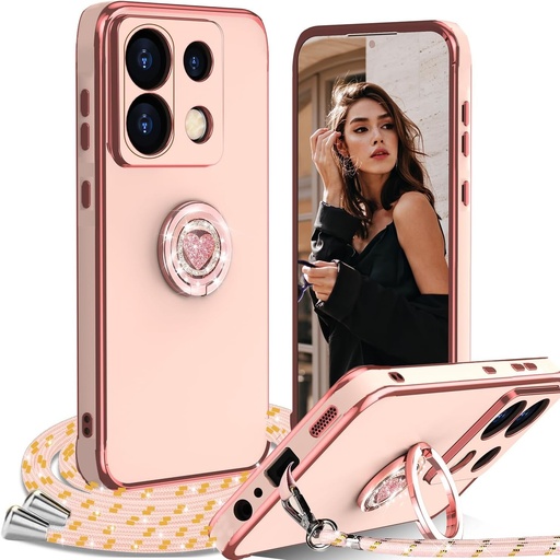 Husa IBETEK cu snur pentru Xiaomi 14T, cu suport pentru inele inimii, husa de protectie portabila din silicon moale TPU, rezistenta la socuri, cu colier detasabil, roz