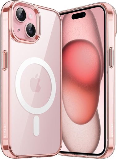 Husa magnetica JETech pentru iPhone 15 Plus de 6,7 inci compatibila cu incarcarea fara fir MagSafe, husa antisoc pentru telefon, spate transparent anti-zgarieturi (aur roz)