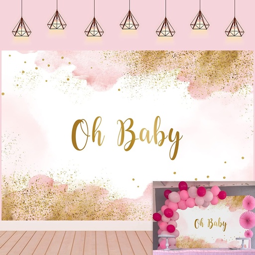Fundal pentru Baby Shower pentru fetita, roz, acuarela, fundal pentru fotografie cu sclipici auriu Oh Baby Girl, decorare de petrecere pentru tort, banner, recuzita foto (210 x 150 cm)