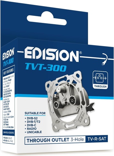 EDISION TVT-300 Mufa universala pentru antena TV prin satelit, TV-R-SAT Pass-Through cu 3 iesiri, montat incastrat, pentru DVB-S2, Unicable, DVB-T/T2 terestre, DVB-C, RADIO, FM, DAB+, DC Pass-Through, 3-Wa