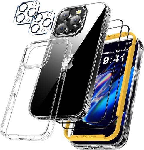 QHOHQ Set 5-in-1 pentru husa iPhone 16 Pro Max [Neveringinging] + 2X Protector de ecran + 2X Husa de protectie pentru camera, husa de telefon cu protectie universala standard militar, rezistenta la socuri, anti-zgarieturi, transparenta