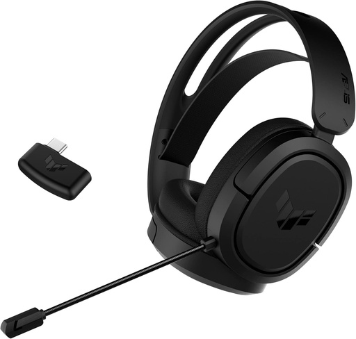 Căști fără fir ASUS TUF Gaming H1 (microfon certificat Discord, sunet surround 7.1, drivere de 40 mm, 2,4 GHz, USB-C, ușoară, 15 ore de viață a bateriei, pentru PC, Mac, comutator, dispozitive mobile, PS4, PS5) - negru