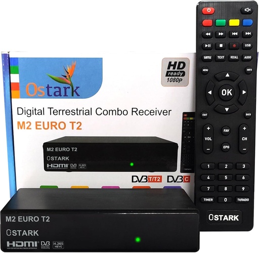Receptor terestru Ostark Euro T2 TNT TDT TDT2 FTA DVB-T2 DVB-C, H265 HEVC PVR Full HD, USB dublu, LNB dublu pentru două televizoare, SCART, coaxial HDMI