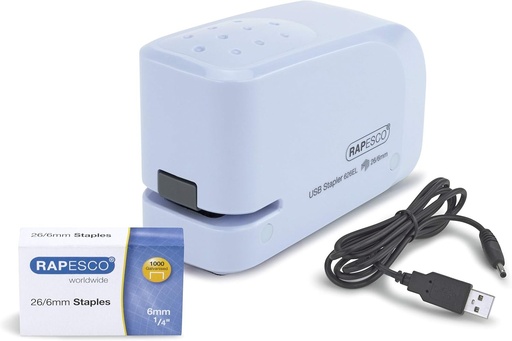 Rapesco 1452 626EL Capsator automat USB/baterie cu 1000 capse de 26/6 mm, capacitate 15 coli, albastru deschis