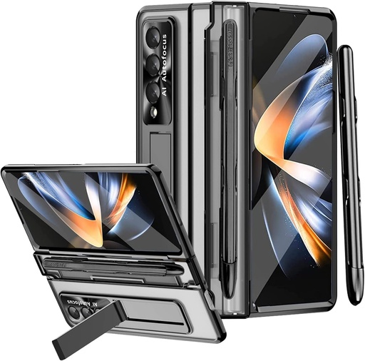 Husa Miimall pentru Samsung Galaxy Z Fold 4 cu S Pen, [Suport stilou] [Kickstand] [Protector ecran frontal HD] [Protectori pentru balamale] Husa transparenta ultra-subtire pentru Galaxy Z Fold 4 (negru)