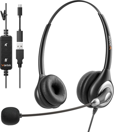 Casti USB Wantek cu anulare a zgomotului cu microfon, casti PC pentru laptop Business Skype UC Lync SoftPhone Call Center Office Webinar, Casti cu microfon cu cablu pentru chat clar, ultra confort